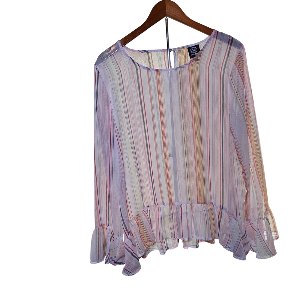 Bobeau Striped Peplum Blouse Womens Large Multi Color Sheer Metallic Shimmer Top